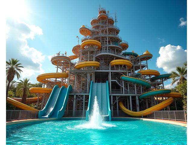Theme park style aquatic play structure with multiple levels