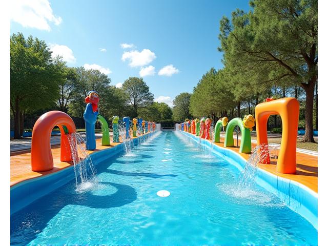 Colorful zero-depth entry aquatic play area with fountains and small sprays