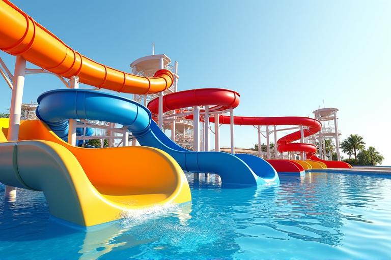 Architectural rendering of a custom-designed water slide with transparent sections and colorful twists.