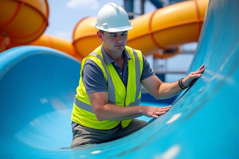 Professional technician inspecting a water slide for safety and wear, wearing a hard hat and safety vest.