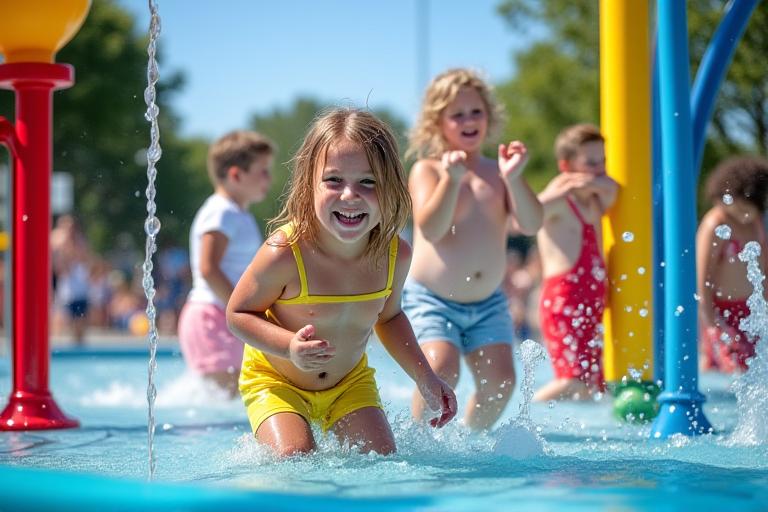 Happy children playing actively in a vibrant splash pad with multiple water features like spray jets and a large tipping bucket under bright sun.
