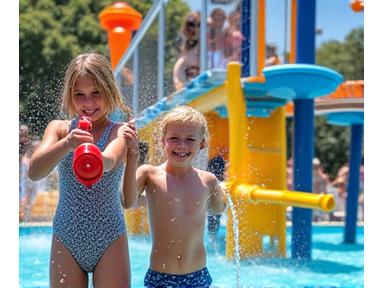 Children interacting with water cannons on a play structure