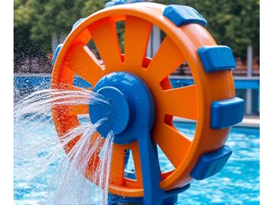 A colorful water wheel being spun by splashes
